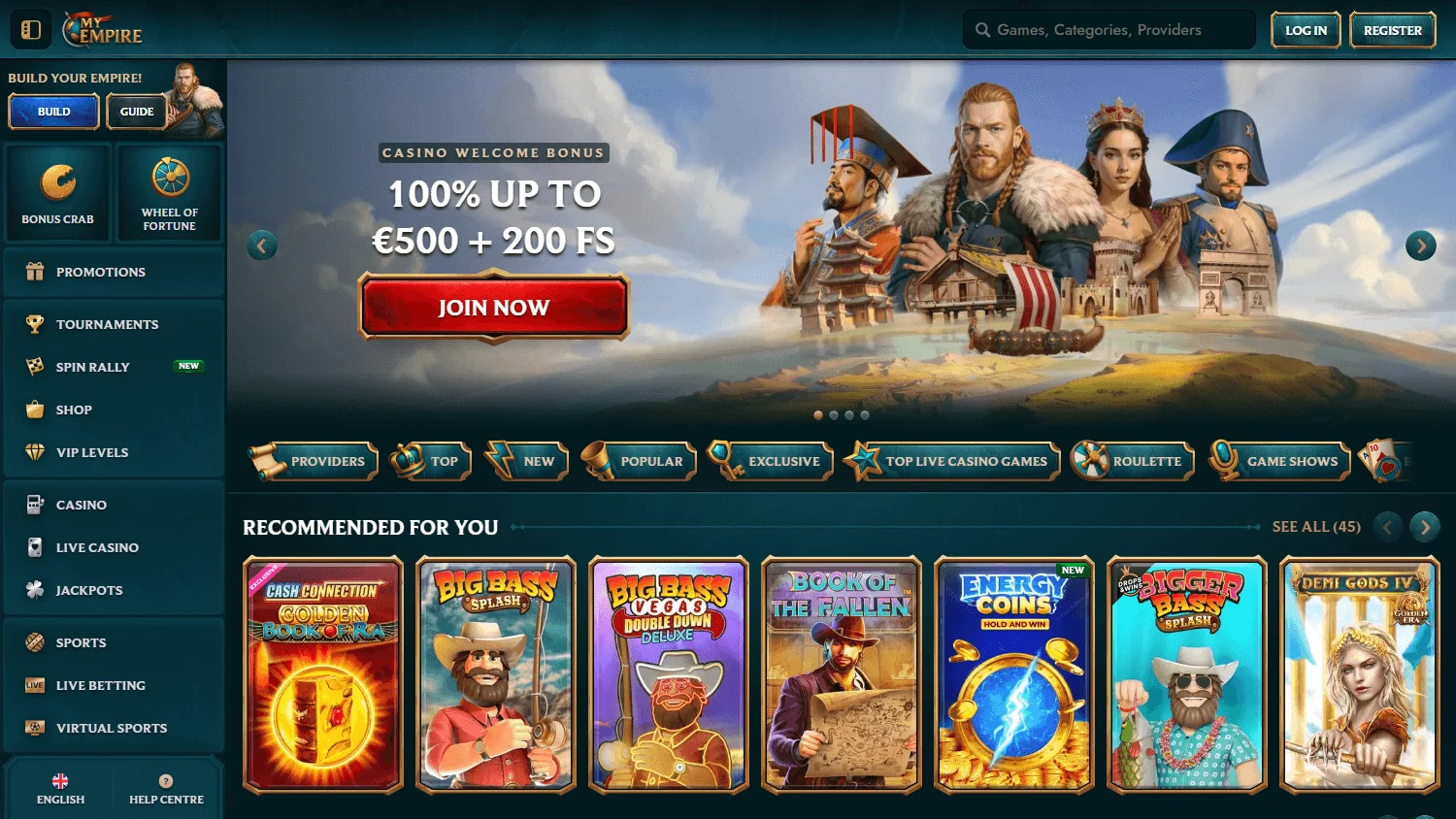 My Empire Casino desktop homepage