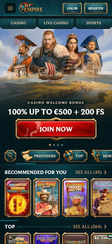 My Empire Casino mobile homepage